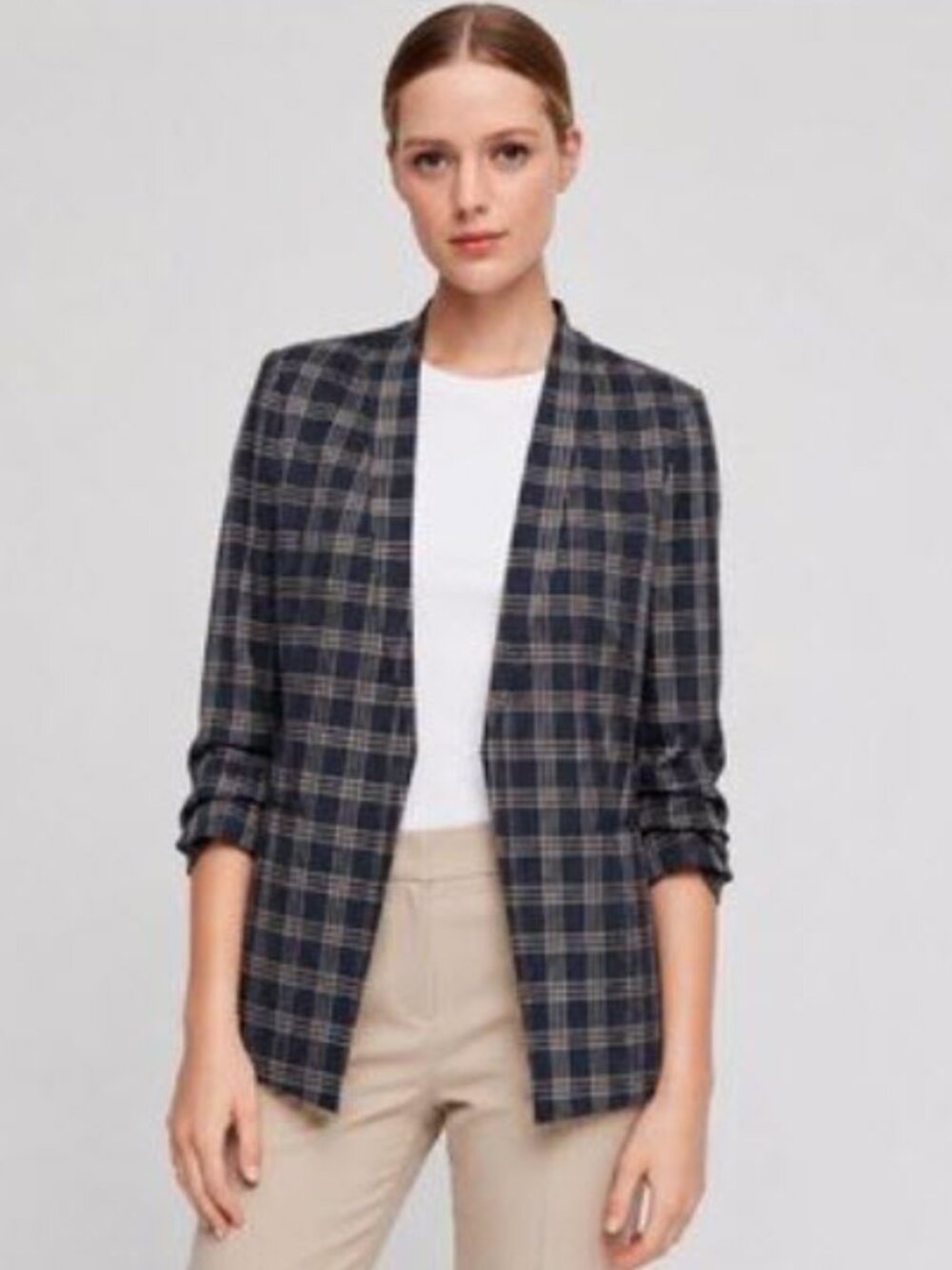 Babaton Macauley Navy Beige Plaid Open Front Blazer NWT Size 10 Aritzia